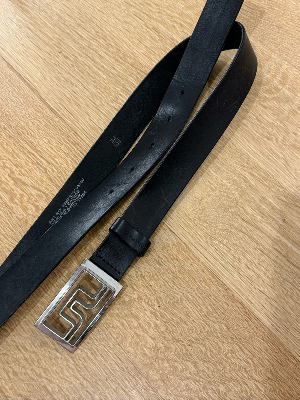 J.Lindeberg Men's Black Leather Belt with Brushed Silver Logo Buckle